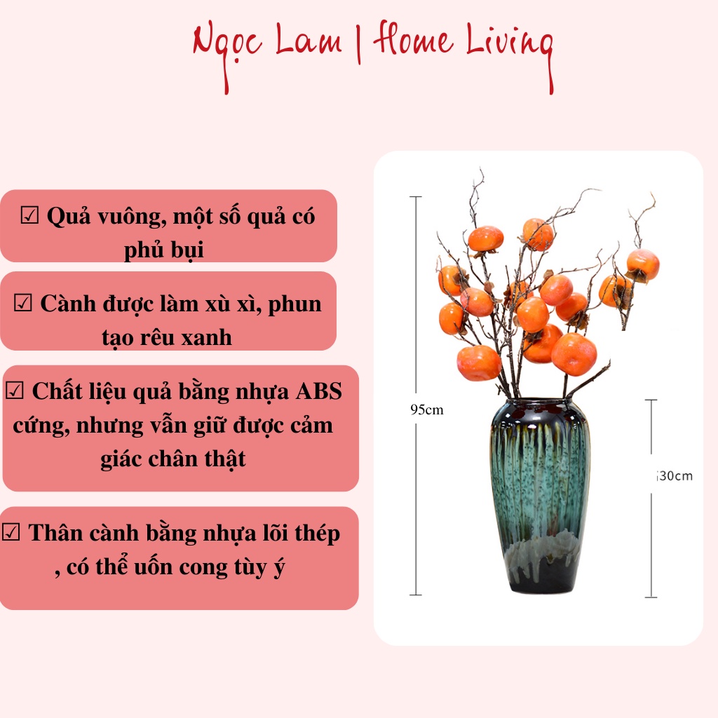 Cành quả hồng giả chất liệu cao cấp 6 quả màu sắc tự nhiên trang trí phòng ngủ phòng khách quán cafe nhà hàng