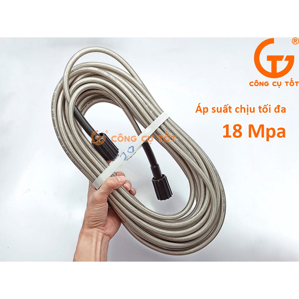 Dây rửa xe áp lực 18MPa 20m, lõi nhựa bọc dù XÁM, hai đầu ren trong to M22