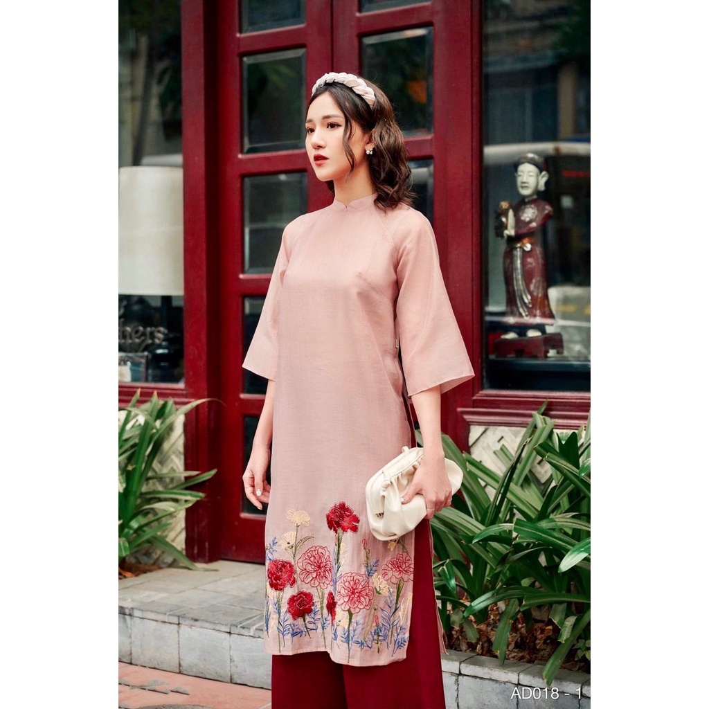 Áo dài cách tân Twins Store, áo dài nữ hàng thiết kế cao cấp dáng suông, chất tơ, thêu hoa. ĐÃ KÈM QUẦN - AD018
