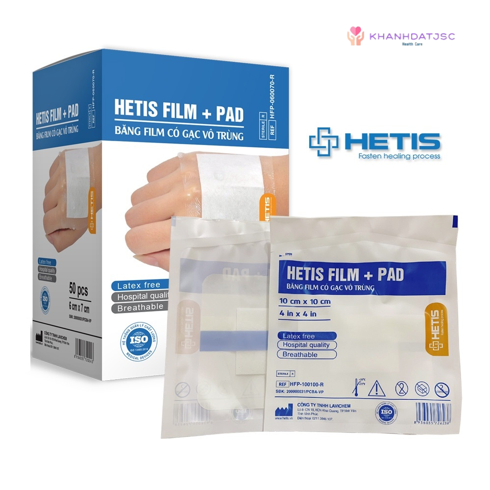 Combo băng film có gạc vô trùng HETIS FILM + PAD chống thấm nước, hút dịch, bảo vệ vết thương (size vuông)