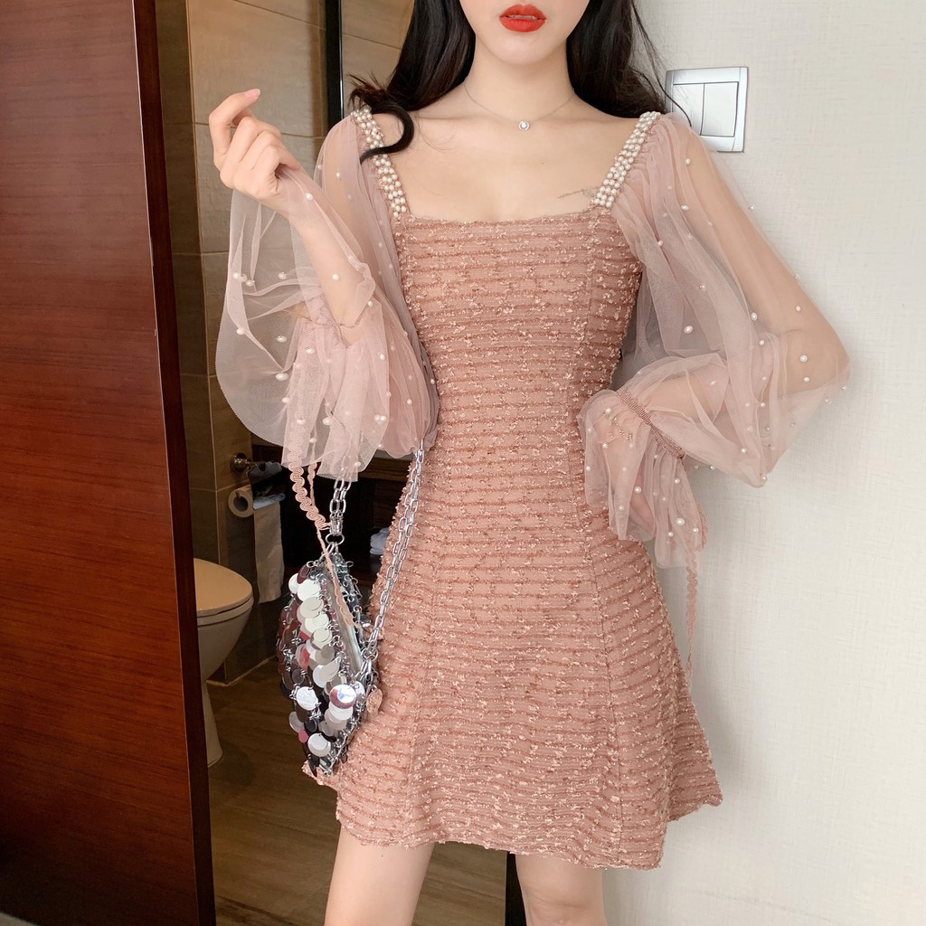 [Sẵn đen-Ảnh thật] Đầm ulzzang tiểu thư cổ vuông đính hạt -u.w