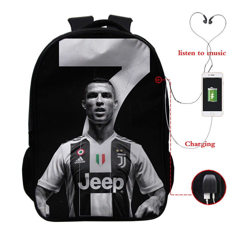 Ba lô 2 lớp hình C Ronaldo nhiều màu sắc có cổng USB