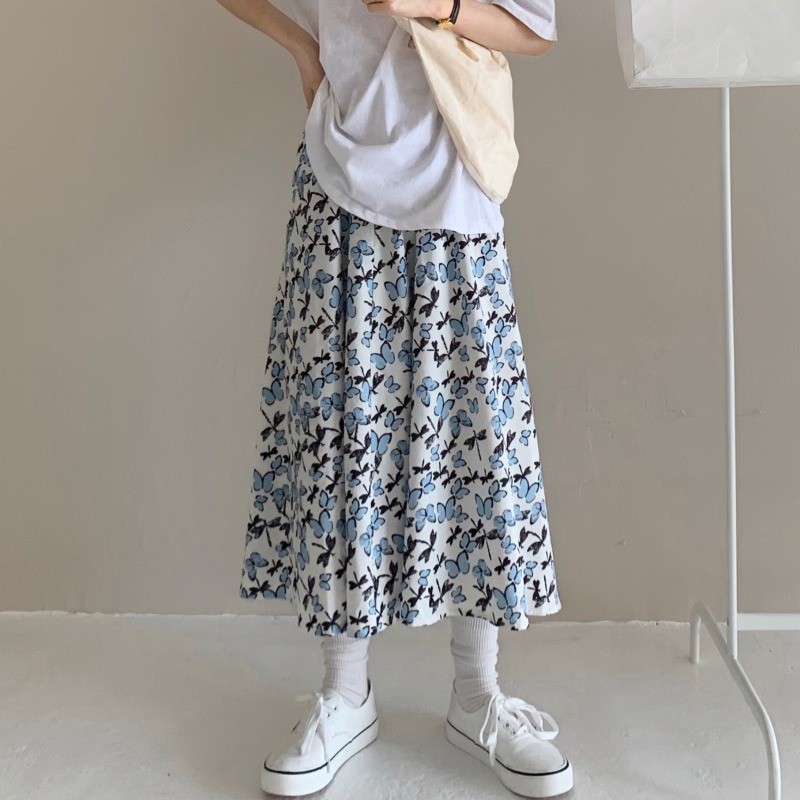 (ORDER) Chân váy xòe dài midi hoa nhí màu xanh vintage đơn giản  kiểu Pháp