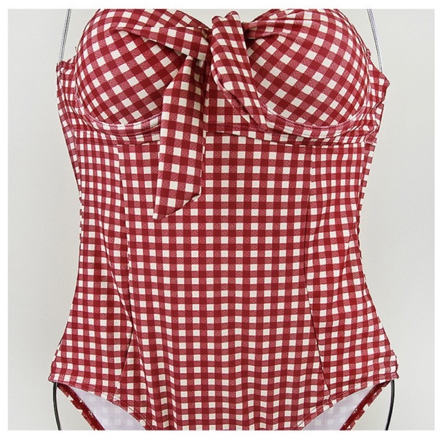 [BKN729] &lt;HÀN&gt; BODYSUIT CARO ĐỎ NƠ NGỰC KIỂU HÀN (CÓ GỌNG)