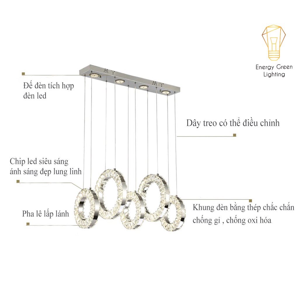 Đèn Thả Trần Energy Green Lighting 5 Vòng Pha Lê CD-107 - Kiểu Dáng Hiện Đại - Đế Đèn Tích Hợp Đèn LED - 3 Chế Độ Ánh Sá