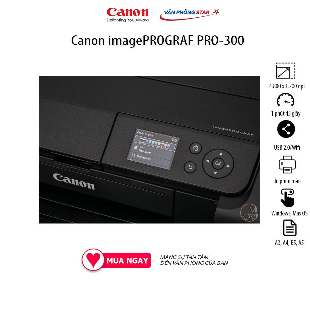 Máy in phun màu Khổ A3 Canon imagePROGRAF PRO-300 Độ phân giải 4.800 x 1.200 dpi Tốc độ in 1 phút 45s kết nối USB WIFI