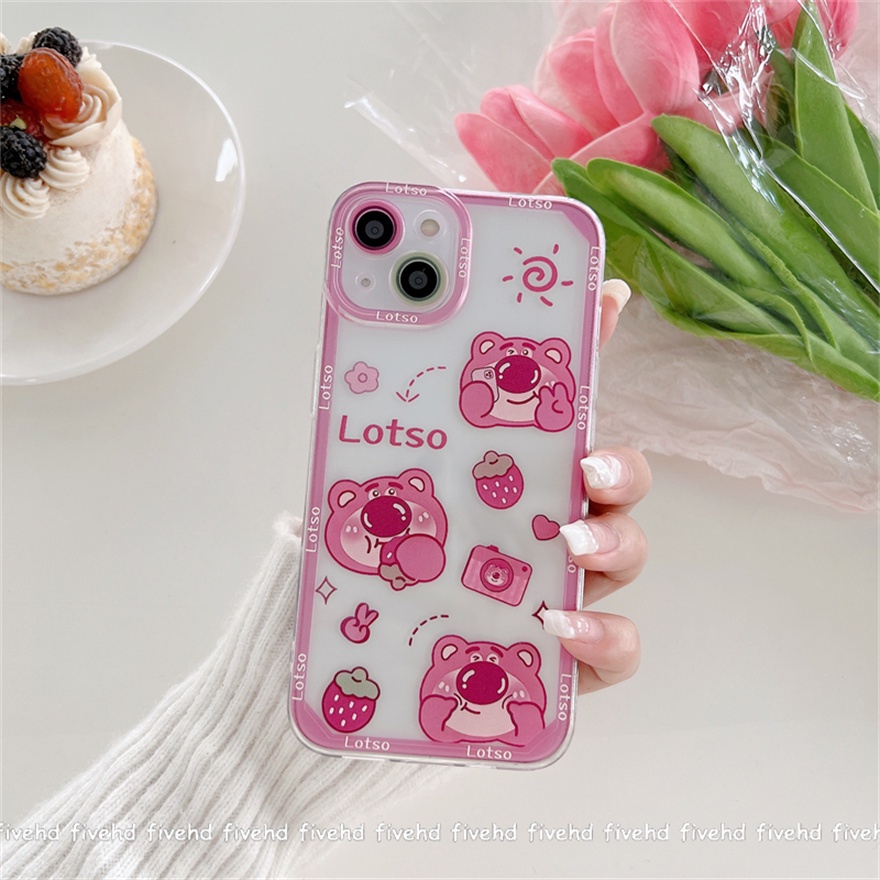 Compatible For iPhone 13 12 11 Pro Max SE2020 X XR Xs Max 7 8 Plus Phone Case Cartoon Strawberry Bear Soft Silicone Clear TPU Back Cover