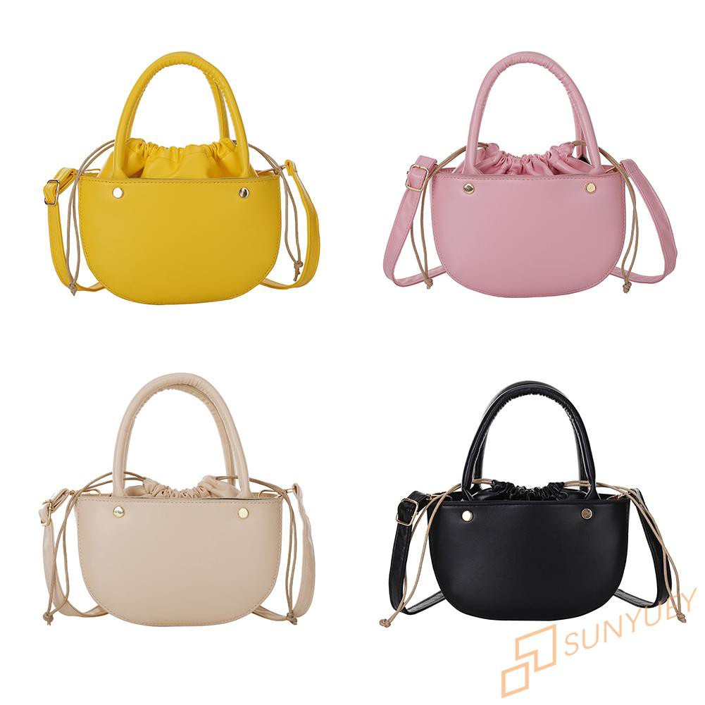 【In Stock】Fashion Women Drawstring Solid Color PU Shoulder Bag Top-handle Handbags