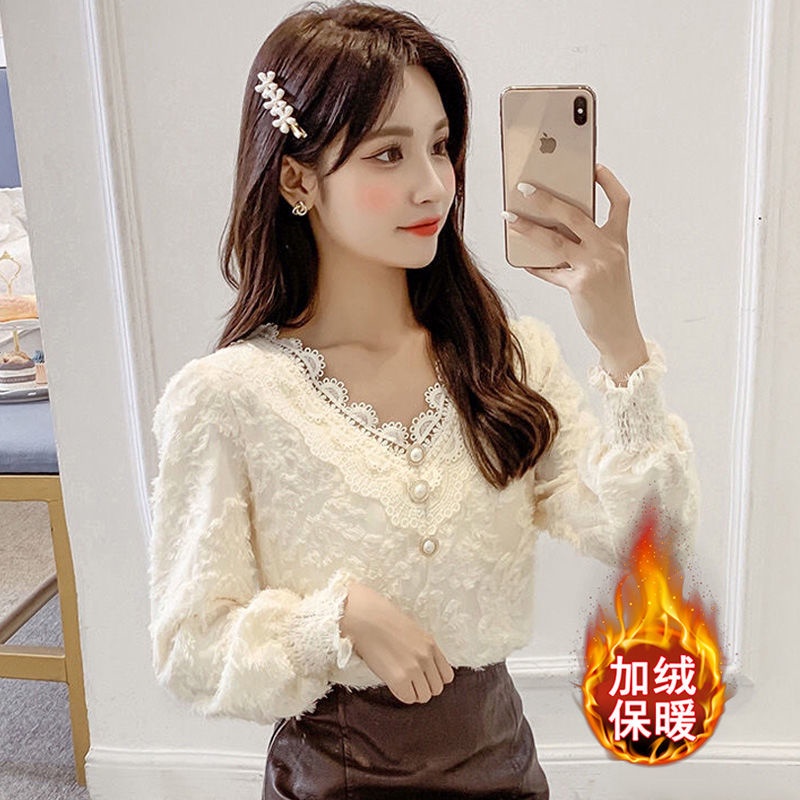 Áo sơ mi tay dài phối ren hoa phong cách thu đông thời trang cho nữ