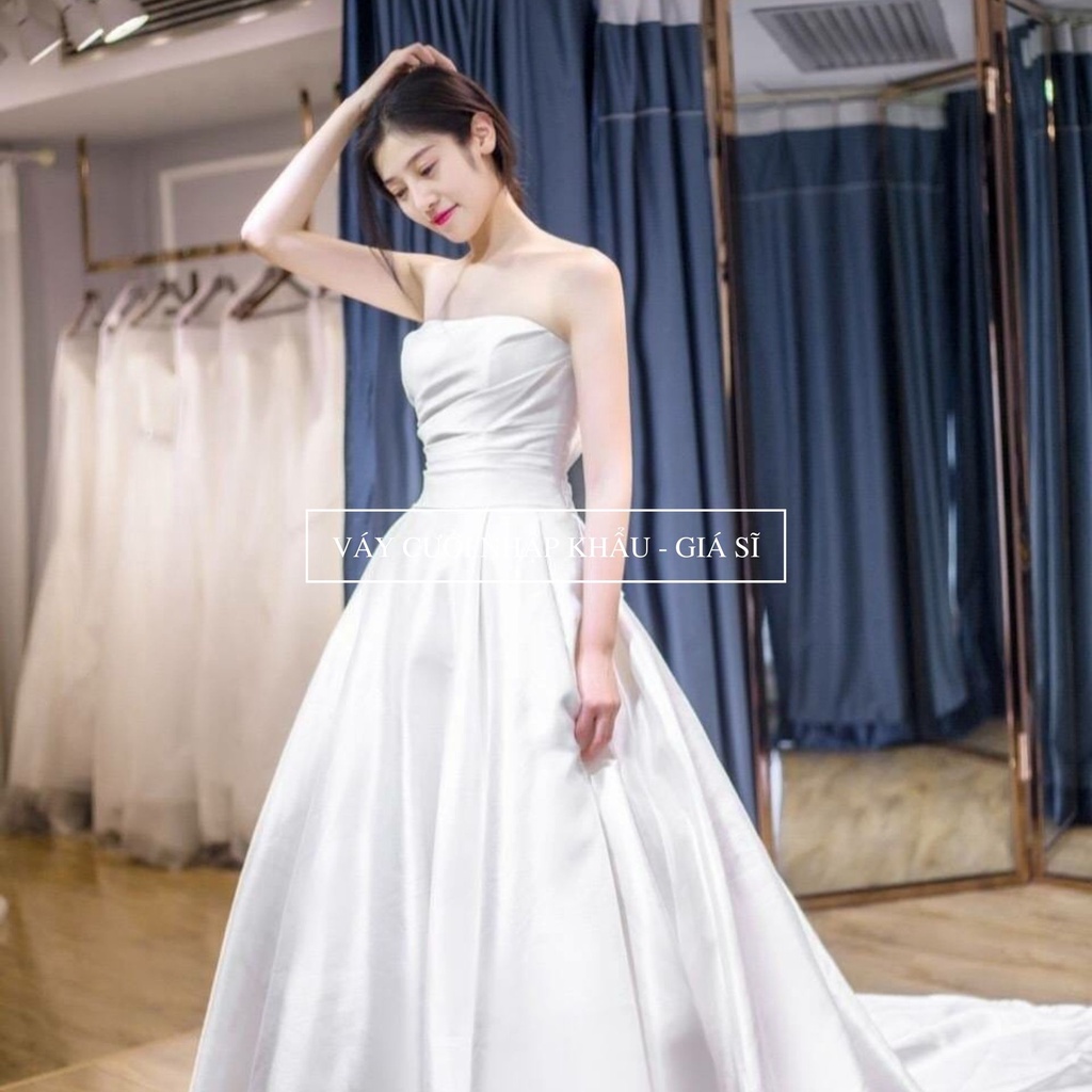 Váy cưới satin cô dâu, váy cưới cup ngực xòe form A, form siết eo tùy chỉnh