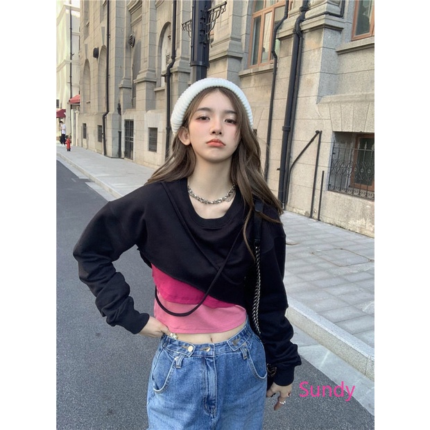 Áo Croptop Tay Dài Màu Sắc Khối Phong Cách Hàn Quốc Độc Đáo Thời Trang Mùa Thu Cho Nữ