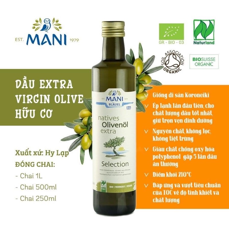Dầu oliu (olive) hữu cơ Mani 250ml và 500ml (date 1.2024)