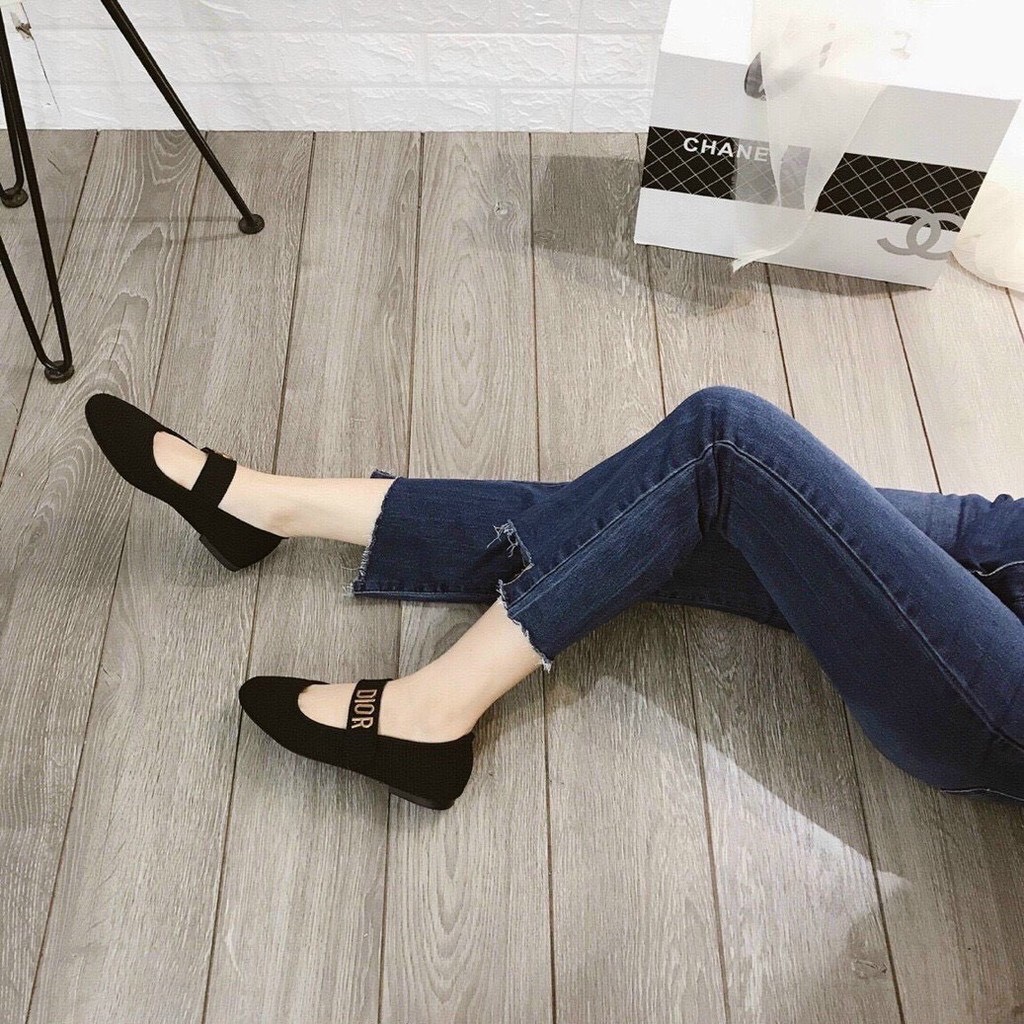 Giày bệt nữ chất vải kẻ phối quai dính ngang