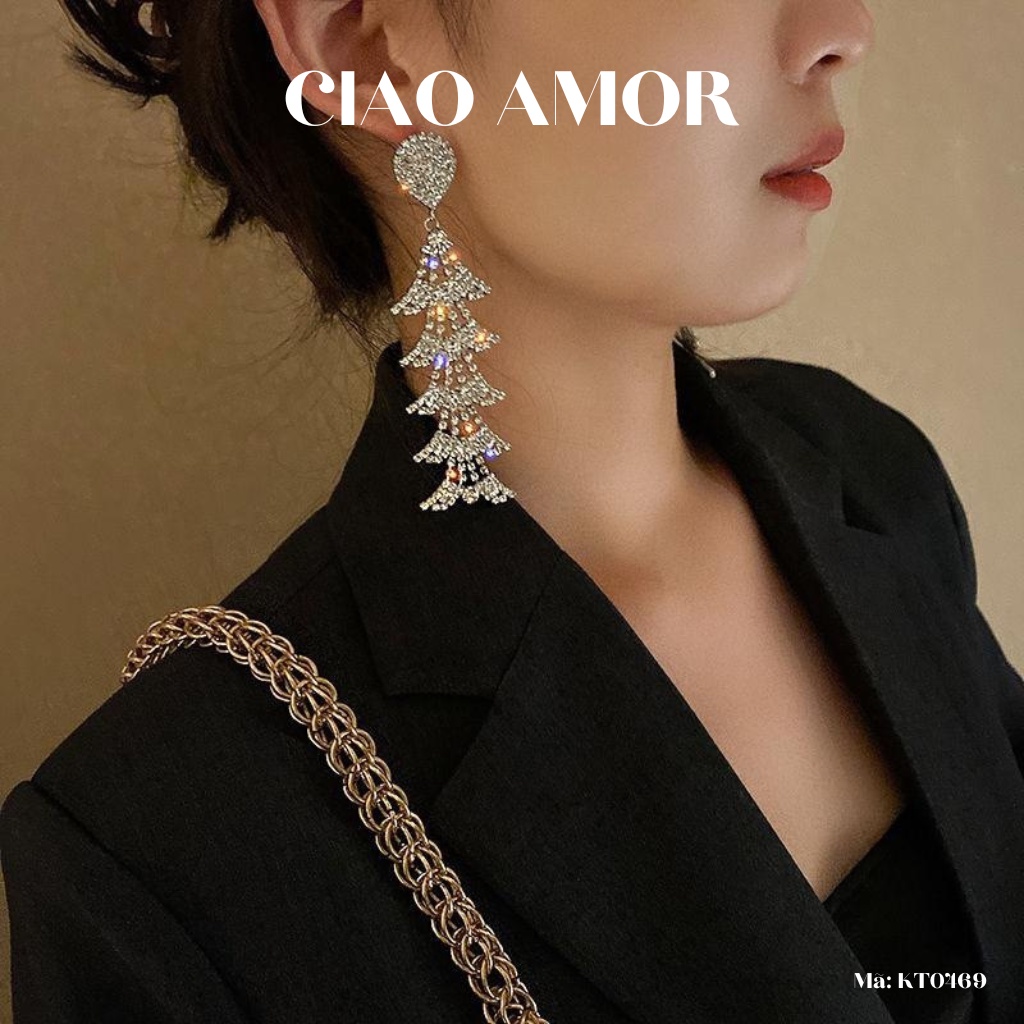Khuyên tai nữ, Bông tai nữ dài lá tầng bling dự tiệc lấp lánh sang trọng Trang sức Ciao Amor - KT0469