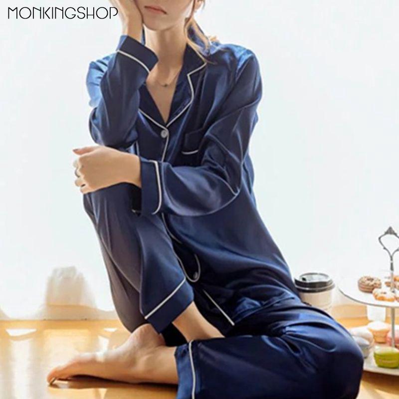 Bộ Đồ Ngủ Lụa Satin Dài Tay Cổ Chữ V + Quần Dài Cho Nữ