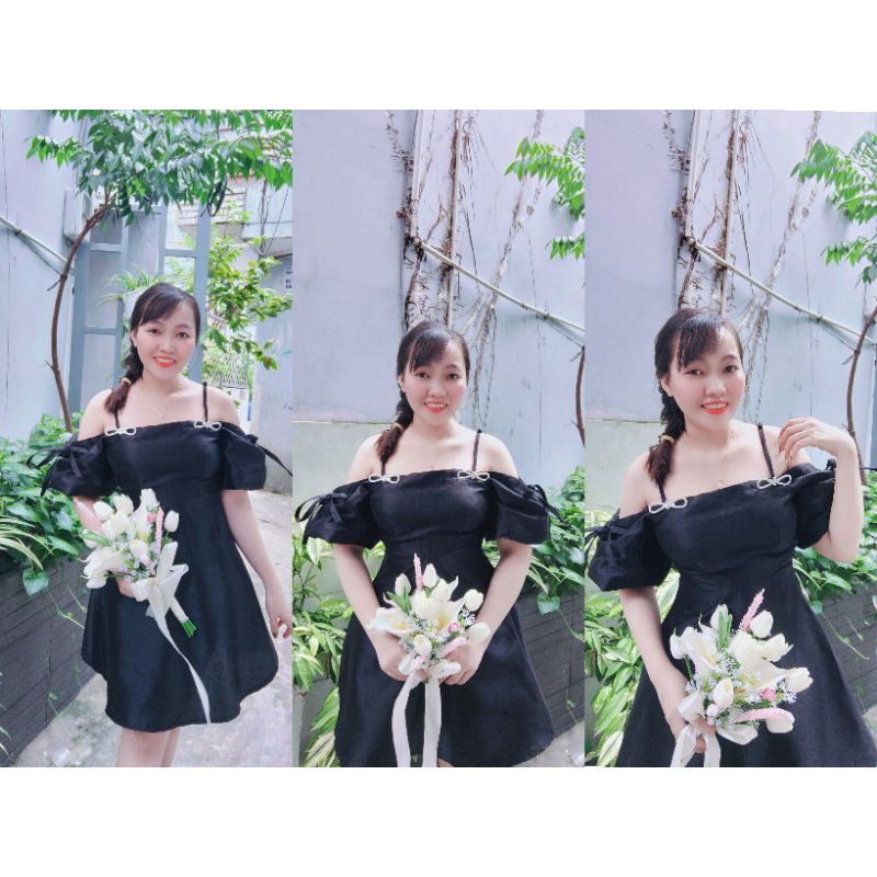 ĐẦM ĐEN 2 DÂY RỚT TAY PHỒNG ĐÍNH NƠ - HÀNG LOẠI 1 CHUẨN SÀN.