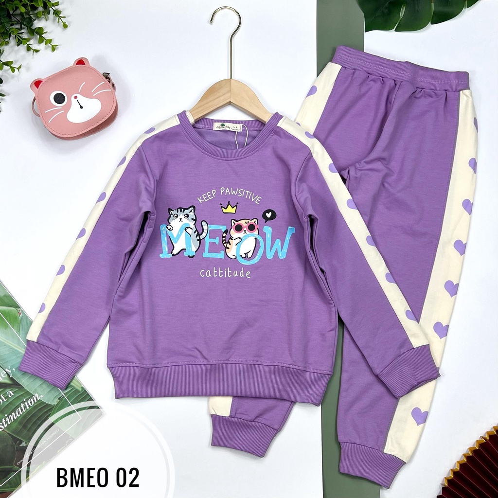 Đồ bộ quần áo nỉ da cá bé gái hình mèo LITIBABY, Size đại cho trẻ từ 9 - 14 tuổi