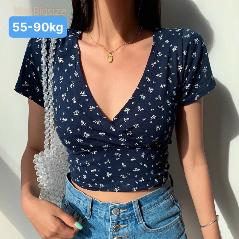 Áo  croptop tay ngắn  bigsize 55-90kg,áo croptop chéo ngực Smile bigsize  AH01