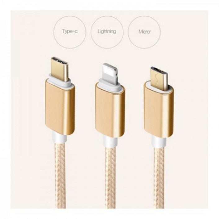 Cáp sạc nhanh bọc dù 3 đầu 2A dài 1m2 đa năng 3 in 1,Micro,Type-C Chống Đứt 100% lõi đồng
