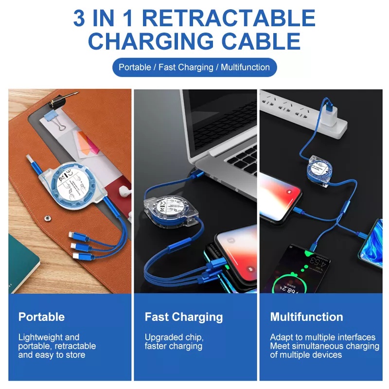 3 In 1 1M 5V 2A Retractable Fast Charging Cable Quick Charger Multi-purpose For Android Type-C IP Colorful Micro Colorful USB Mini 3.0 Data Port Type C