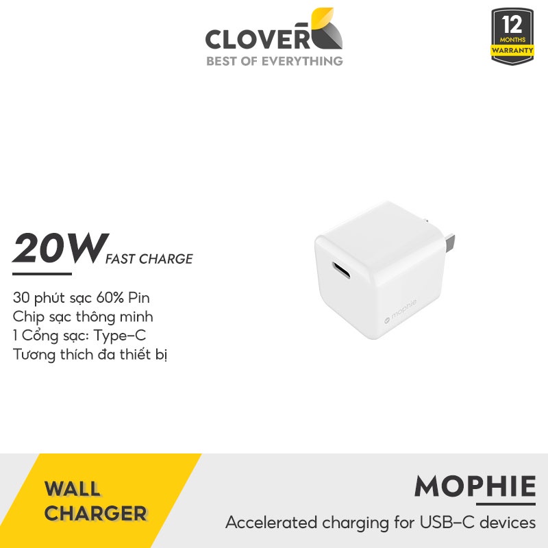 Củ Sạc Nhanh 20w Mophie Cloverb Kích Thức Mini Chip Sạc Bảo Vệ Pin Không Nóng An Toàn Khi Sạc Qua Đêm Cho 13 Pro Max