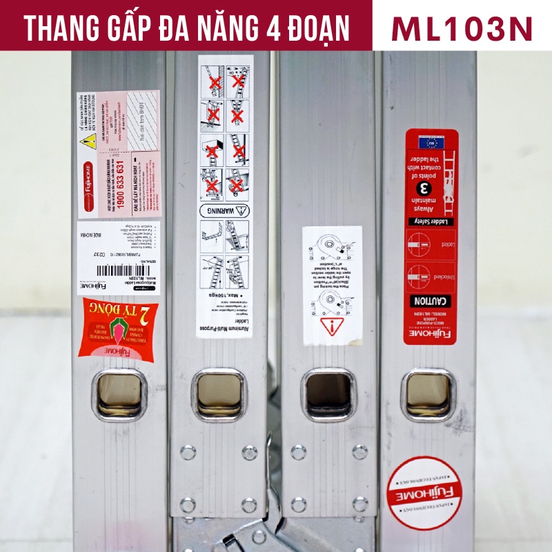 Thang nhôm gấp đa năng 4 đoạn cao 3,7m nhập khẩu FUJIHOME ML103 , thang chữ M xếp gọn 4 khúc, bảo hành 1 năm