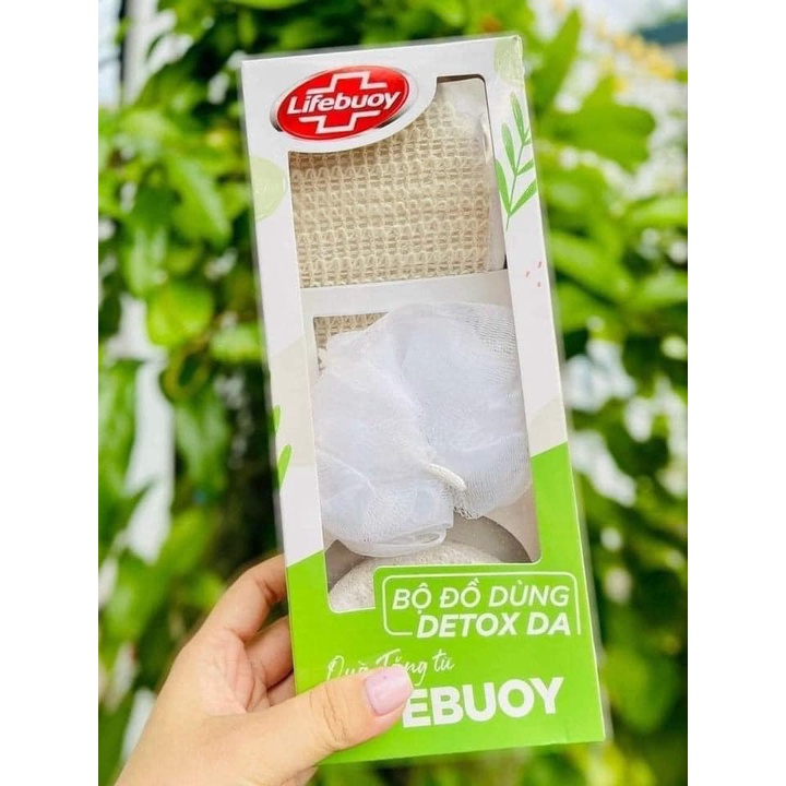 Set Dụng Cụ Tắm 3 Món Tẩy Tế Bào Chết - Bông Tắm Tròn, Đá Chà Lưng, Bông Tắm Bọt Biển - Set Detox Da Lifebuoy