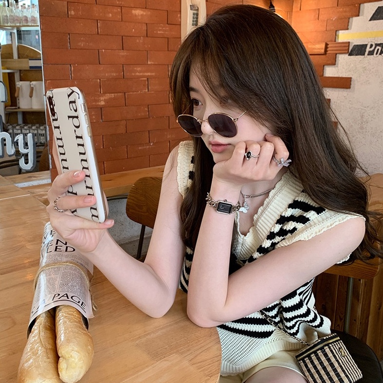 【ZHELIHANGFEI】Áo Dệt Kim Không Tay Cổ Chữ V Họa Tiết Kẻ Sọc Quyến Rũ