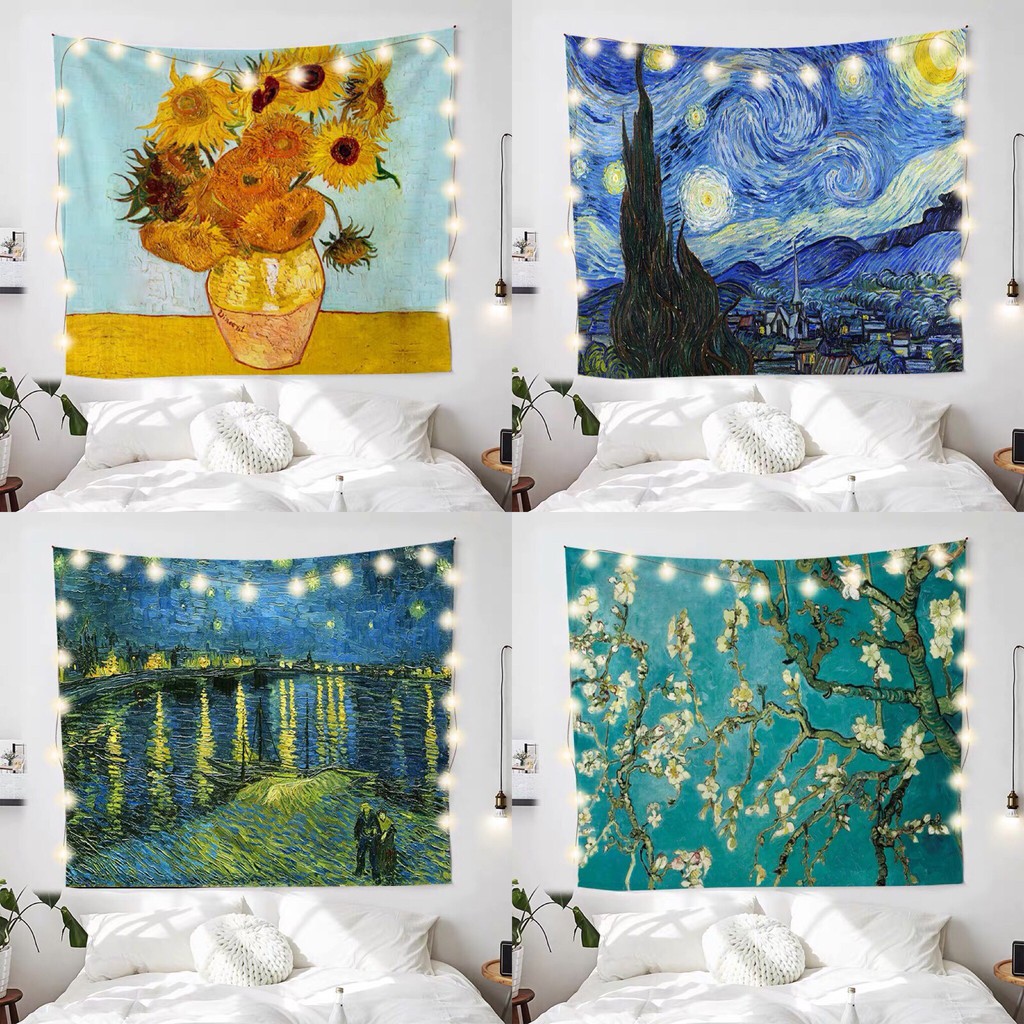 [Hàng đặt trước]Thảm treo tường trang trí hình tranh Van Gogh và đèn trang trí (thảm viền tròn, không bán lẻ đèn)