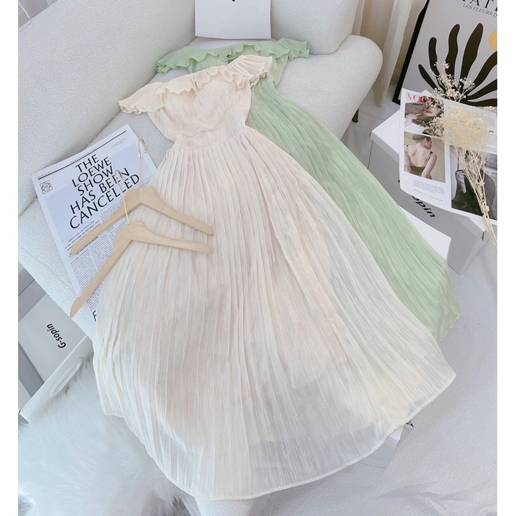 Đầm xoè bẹt vai dập ly