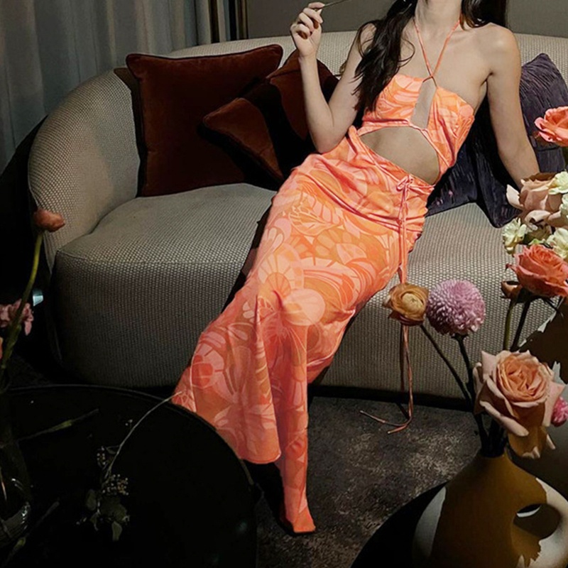 Brroa Đầm Midi Dáng Bút Chì Không Tay Hở Lưng In Họa Tiết Hoa Phong Cách Boho Xẻ Tà Gợi Cảm Cho Nữ Cl