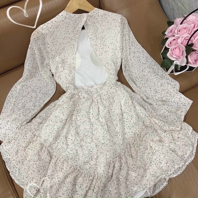 Đầm hoa cut out lưng tay dài 2 màu hoạ tiết nhẹ nhàng