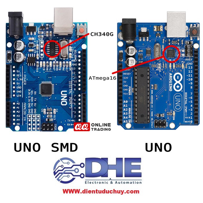 MẠCH ARDUINO UNO R3 CHIP DÁN - CHIP GIAO TIẾP USB CH340G (ĐÃ BAO GỒM KÈM CÁP LẬP TRÌNH USB)