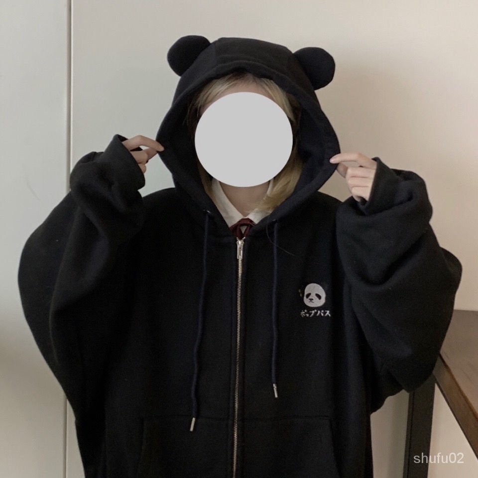 Áo hoodie đính tai gấu trúc dễ thương phong cách Nhật bản