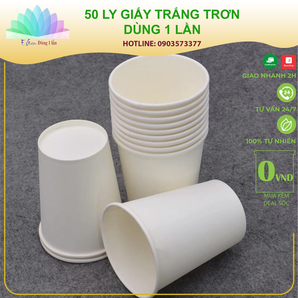 50 Ly giấy trắng nhiều size, cốc uống nước văn phòng, sự kiện, dùng một lần thân thiện với môi trường