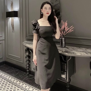 Đầm váy freesize đen cổ vuông tay xếp