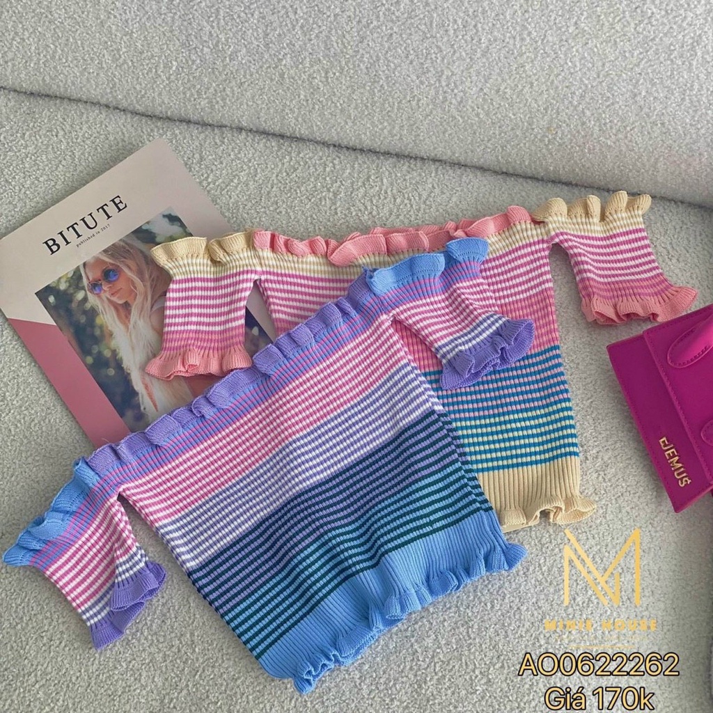 Áo croptop trễ vai tay ngắn phối bèo họa tiết kẻ sọc phong cách hàn quốc ,chất len dệt kim cực xinh