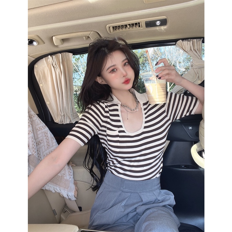 Áo kiểu ZHELIHANGFEI dệt kim tay ngắn cổ chữ U họa tiết kẻ sọc phong cách quyến rũ thời trang dành cho nữ