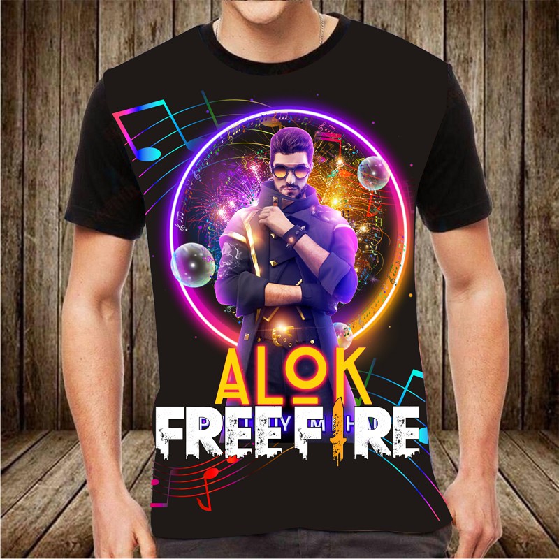 Combo áo thun free fire màu đen in hình Alok tặng mũ cực chất