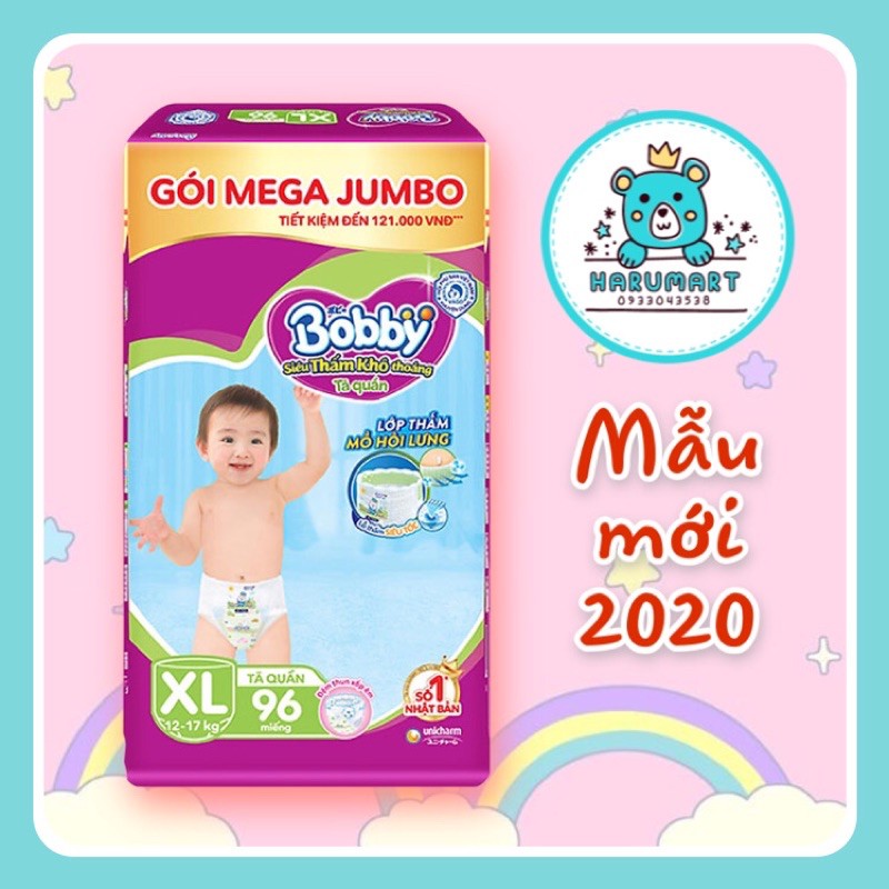 [MẪU 2020] Tã/bỉm quần Bobby Mega Jumbo M120/M124/L111/L120/XL102/XL96/XXL93/XXL88 lưng thấm mồ hôi