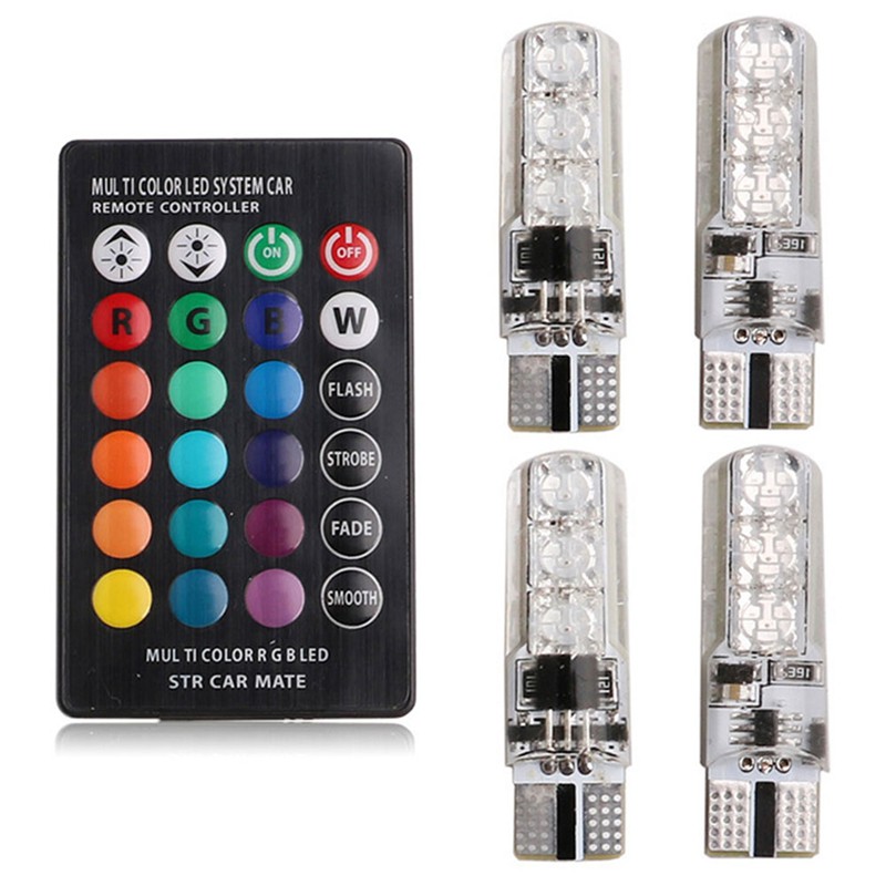 Set 4 đèn led cho xe hơi kèm điều khiển từ xa T10 6Smd 5050 Rgb