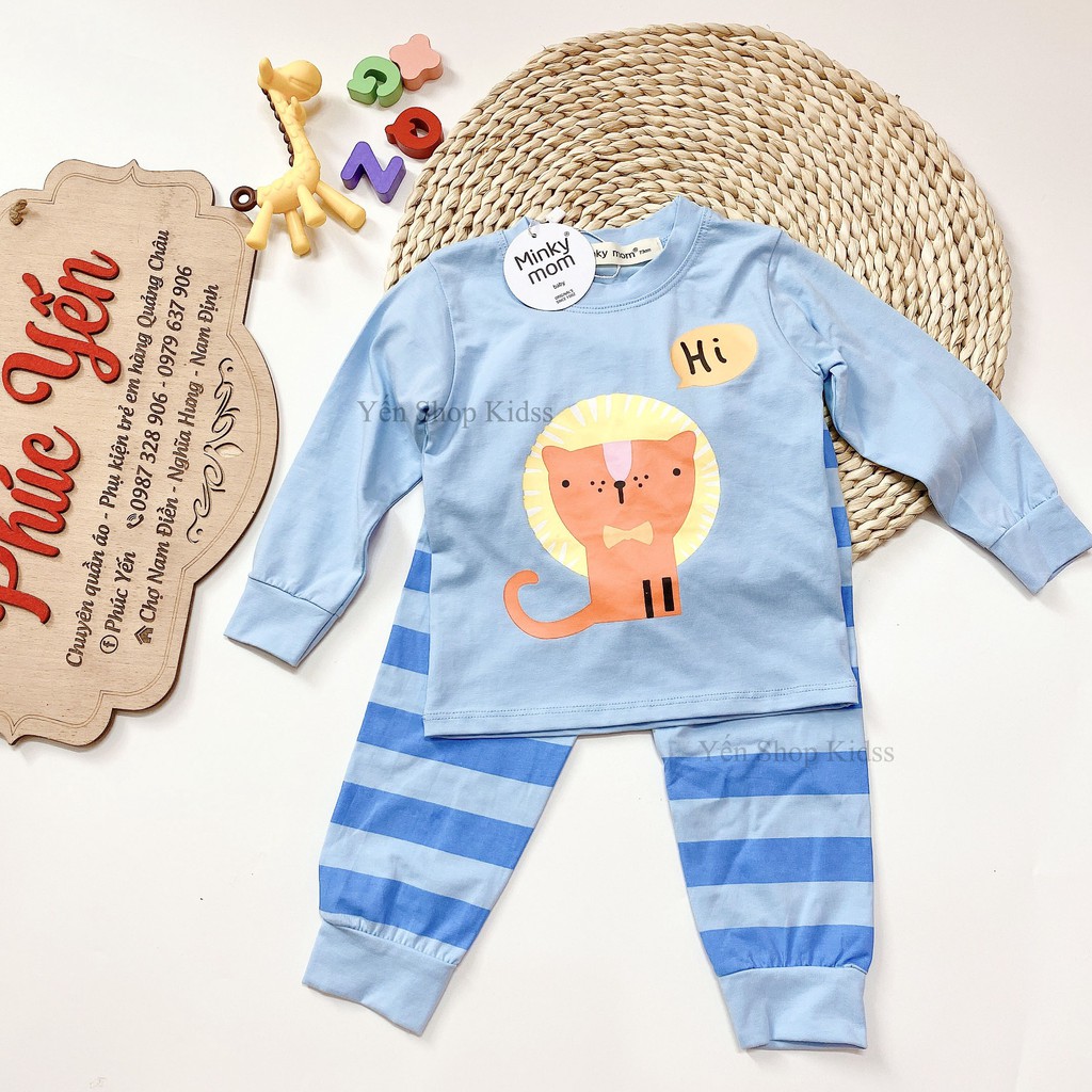 Sale !!! Bộ Dài Tay  Minky Mom Cotton 100 %  Họa Tiết Động Vật Gấu Nâu Xanh-Quần Kẻ Cho Bé_Super Sale (7-19kg) (1309 )