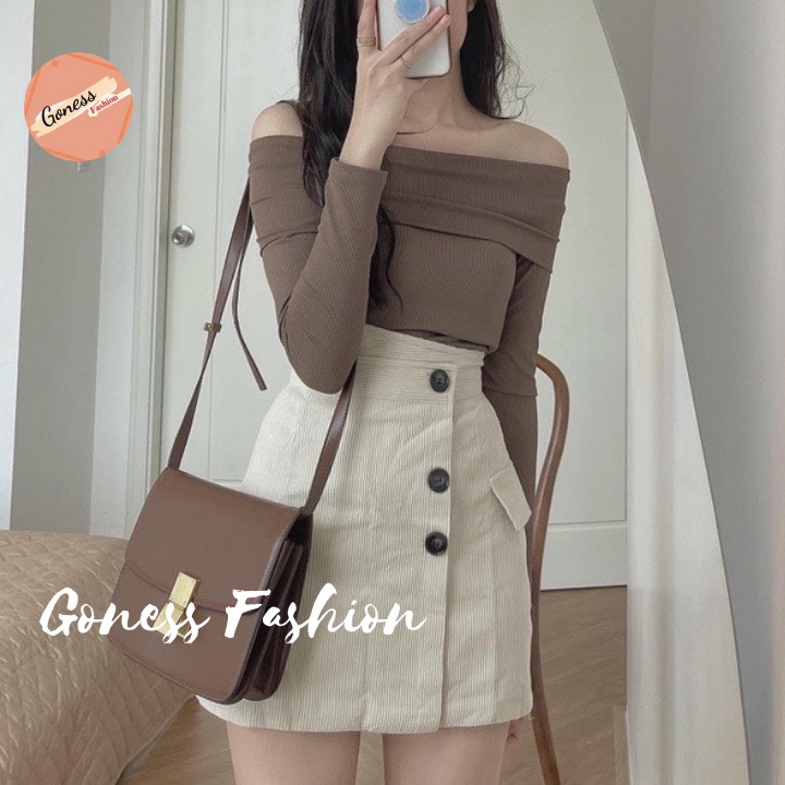 Chân váy ngắn Goness cạp cao vải nhung tăm vạt lệc phối 3 cúc siêu tôn dáng | BigBuy360 - bigbuy360.vn