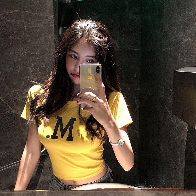 Áo thun ZHELIHANGFEI tay ngắn dáng rộng in chữ thời trang quyến rũ cho nữ