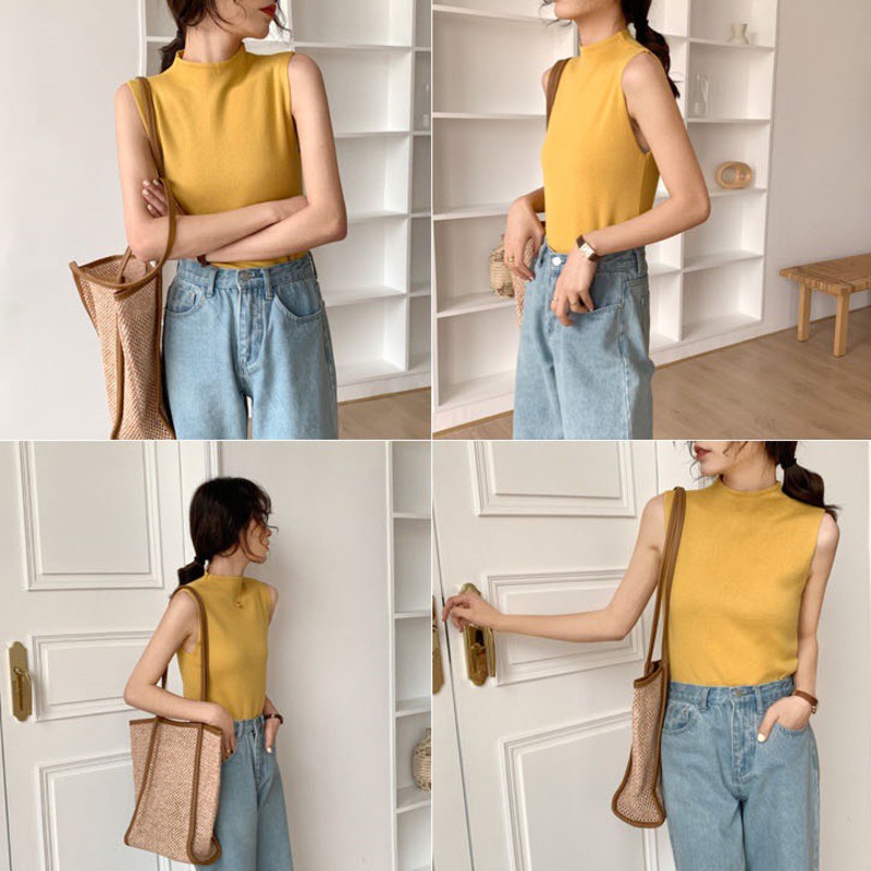 Áo dệt kim không tay cổ cao dáng ôm thời trang dành cho nữ