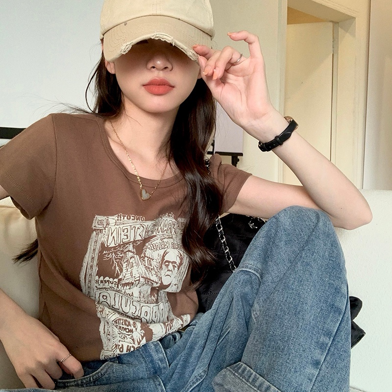 Áo thun SUXI tay ngắn cổ tròn in họa tiết phong cách dạo phố thời trang mùa hè dành cho nữ