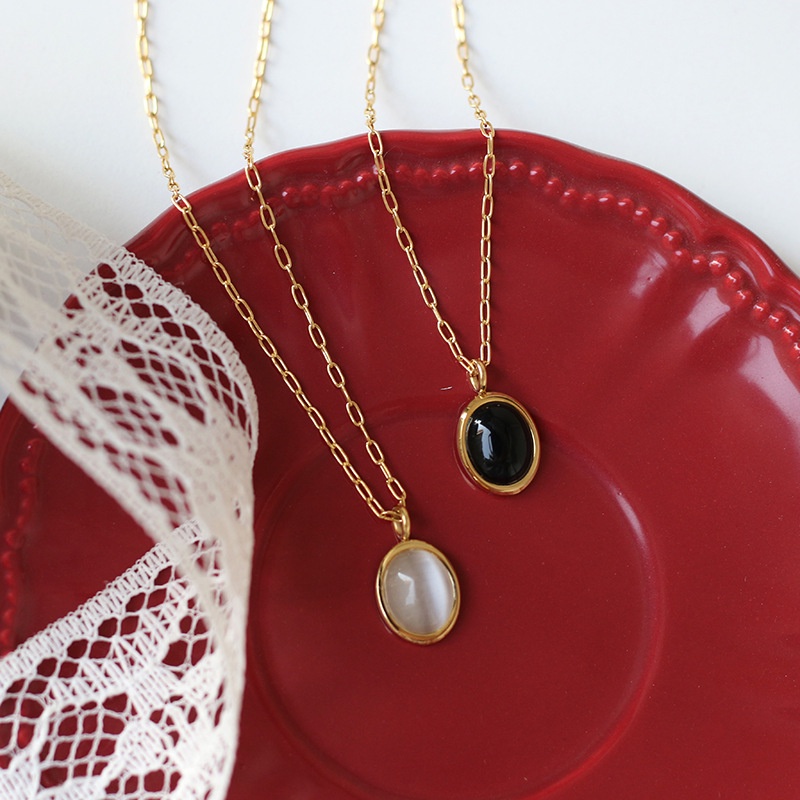 Dây Chuyền Mạ Vàng 18K Mặt Oval Đính Đá Opal Màu Trắng Đen Phong Cách Retro
