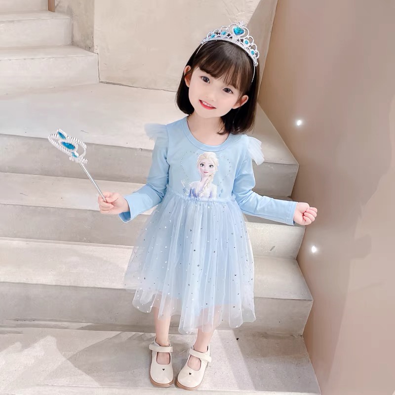 Váy công chúa Elsa dài tay màu xanh cho bé - Đầm công chúa Elsa có bộ phụ kiện Elsa đầy đủ