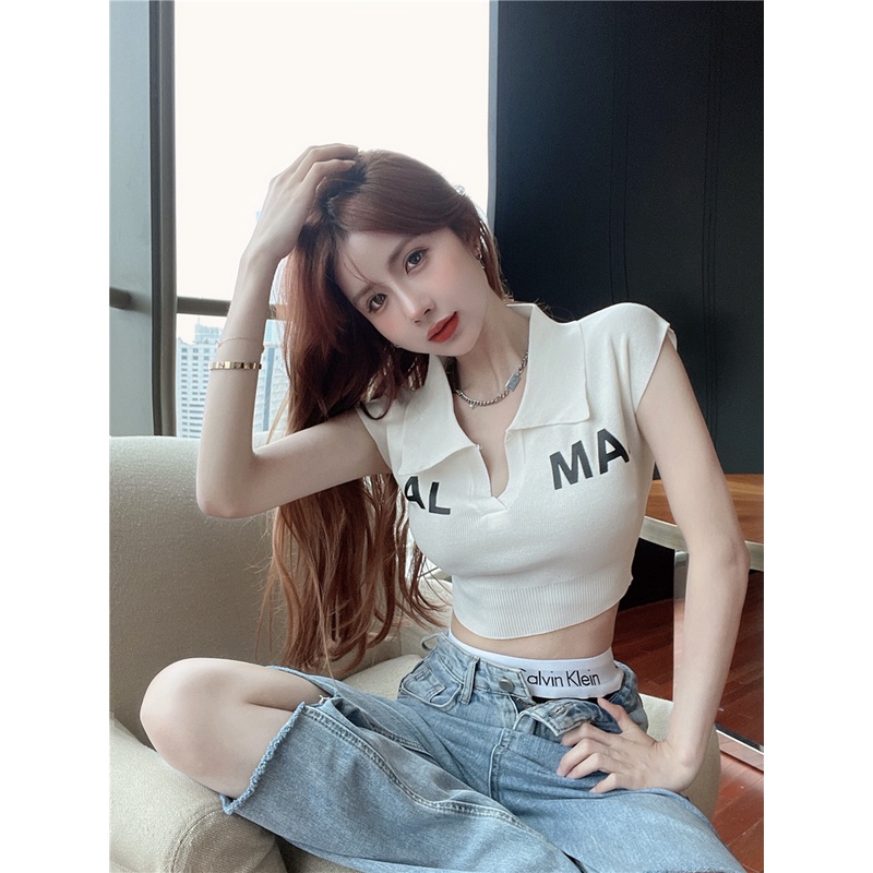 Cocory vn Áo Croptop Dệt Kim Sát Nách Cổ Polo In Chữ Quyến Rũ Thời Trang Mùa Hè 5 Màu Sắc Tùy Chọn Dành Cho Nữ