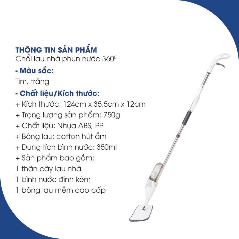 Cây Lau Nhà Phun Sương Tay Cầm Cán Dài Bằng iNox Chắc Chắn Đầu Xoay 360 Độ Tiện Dụng, Chổi Lau Nhà Thông Minh